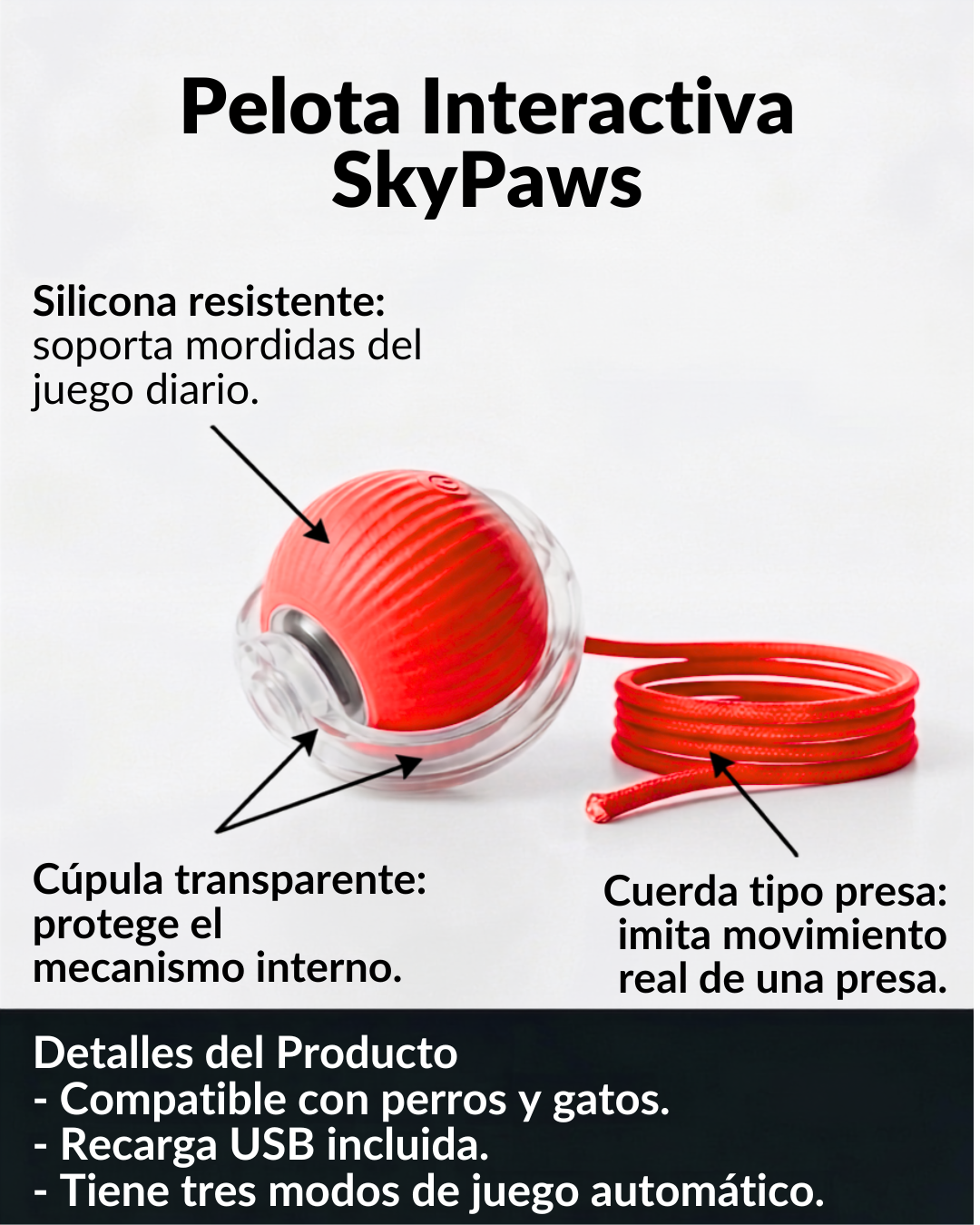 Pelota Interactiva para Mascotas - 3 Modos de Juego con Cuerda