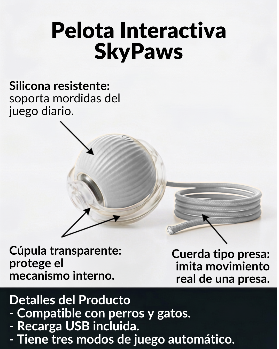 Pelota Interactiva para Mascotas - 3 Modos de Juego con Cuerda